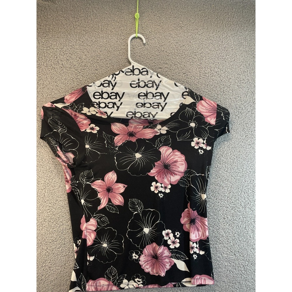 Susan Lawrence Womens Short Sleeve Black ‎ Floral Top Size L